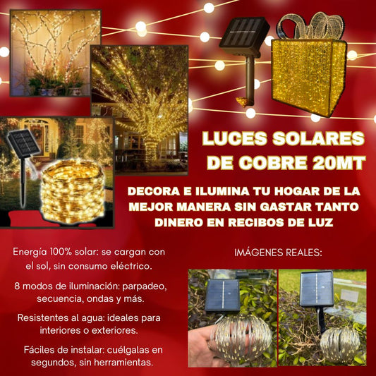 ✨ Luces Solares de Cobre 20 Metros – Ilumina tu Hogar Sin Gastar en Energía